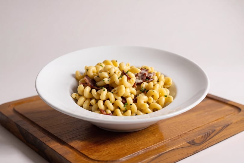 A white bowl of spiral pasta with mushrooms and chives sits on a wooden board.