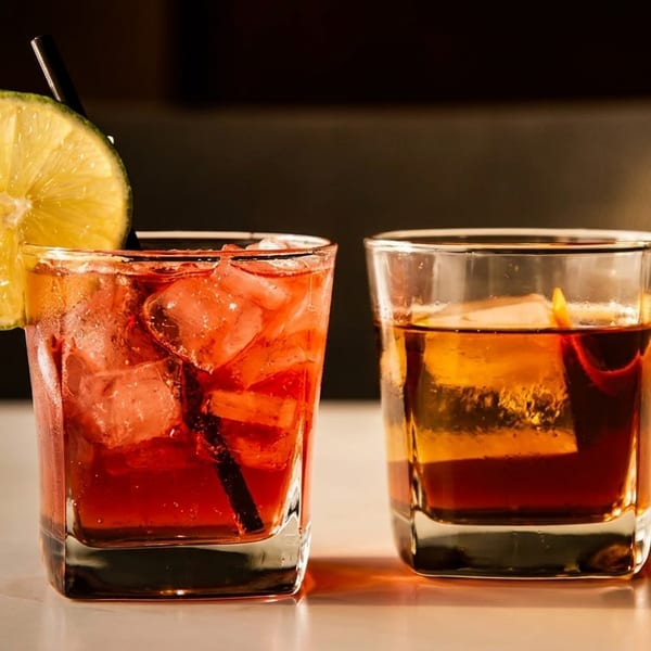 Two cocktails, one red with a lime and straw, the other amber with an orange peel.