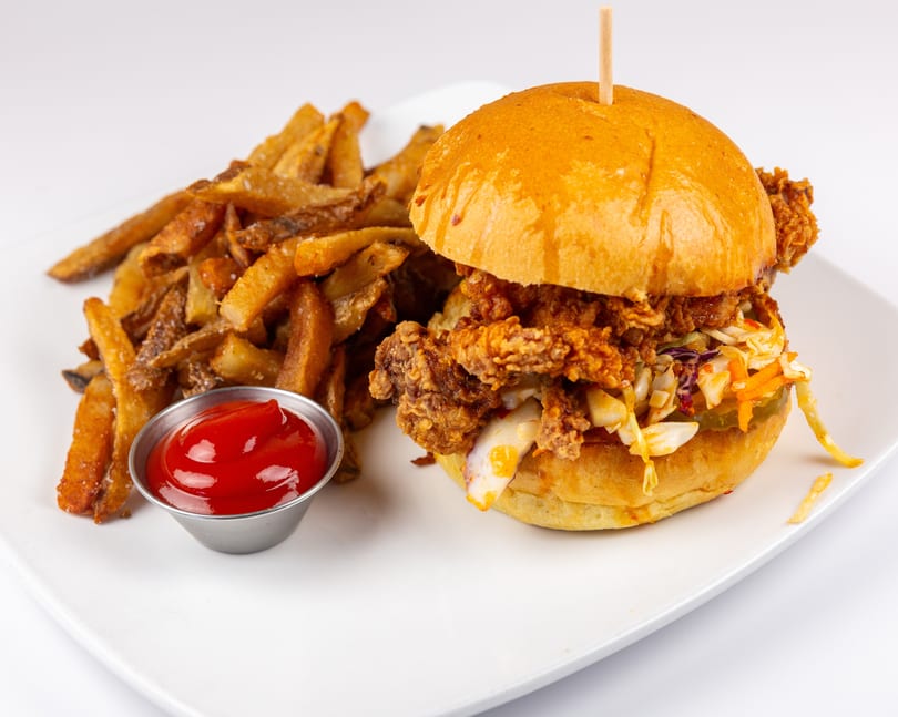 Fried chicken sandwich with coleslaw, fries, and ketchup on a white plate.